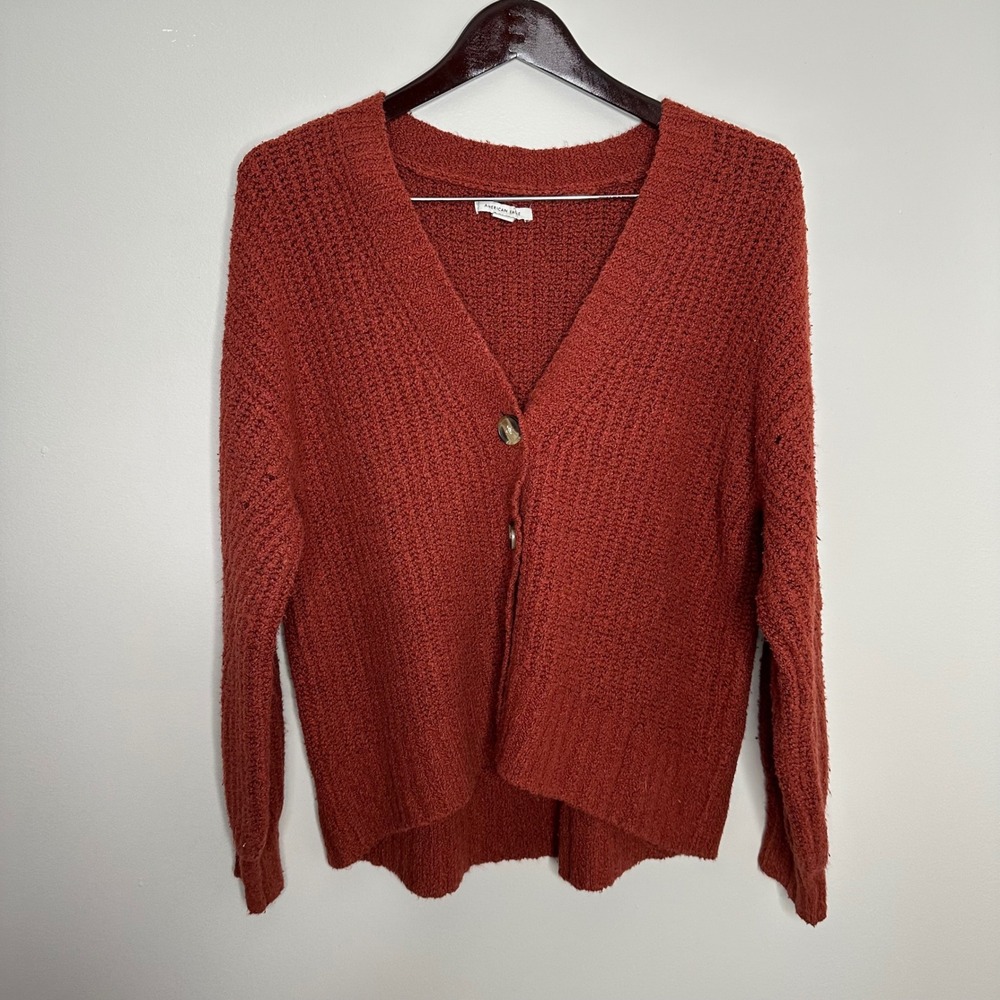 American Eagle Women's Rust Orange‎ Textured Knit Button Front Cardigan Small